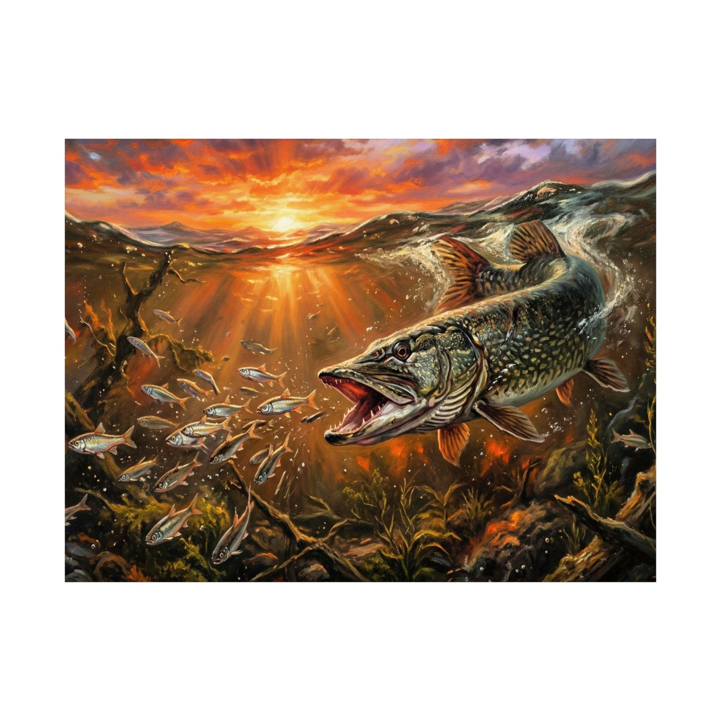 Fishing Pike Wall Poster — Dramatic Sunrise Underwater Wildlife Art (Matte Horizontal)