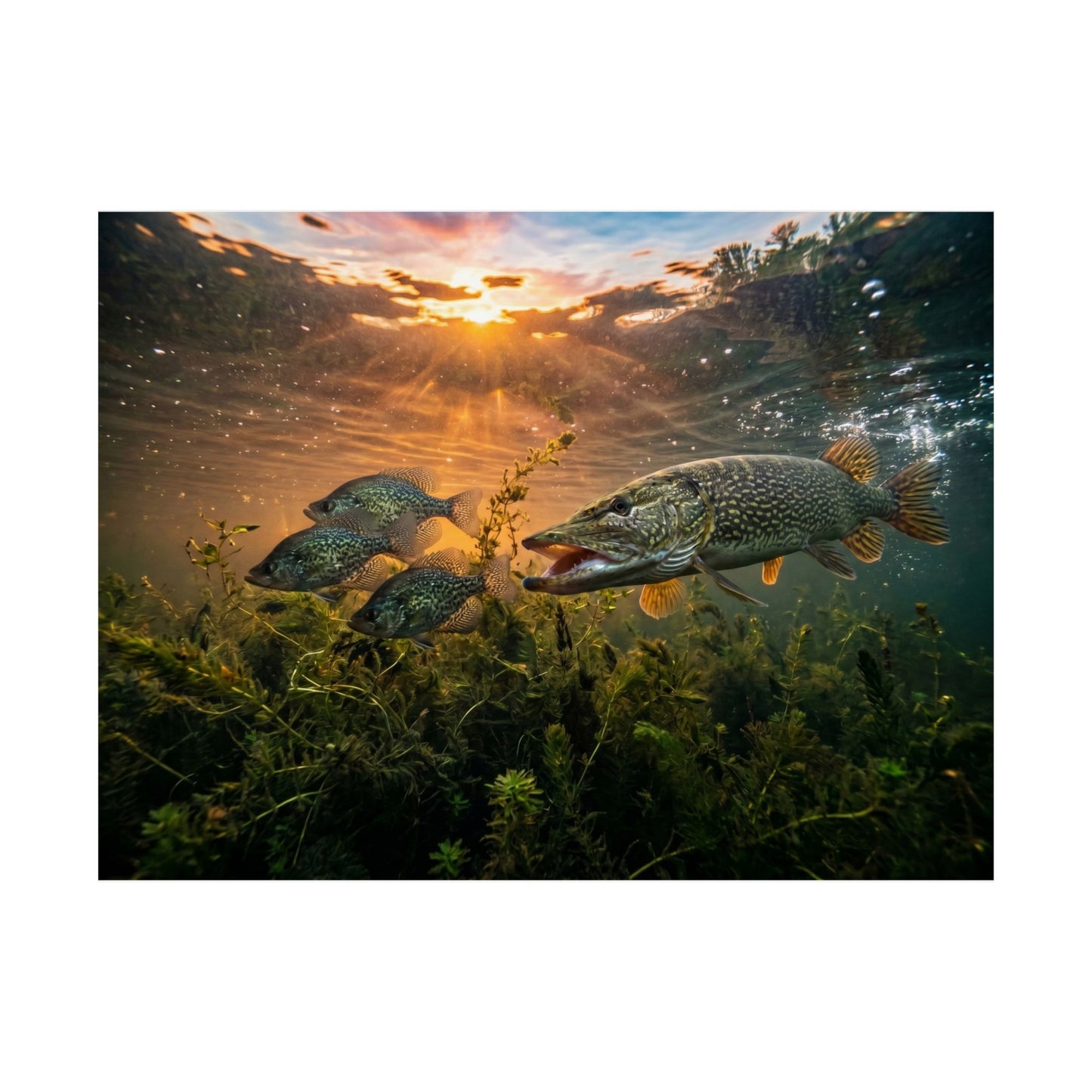 Underwater Pike & Sunlight Matte Poster — Fishing Wall Art (Horizontal)