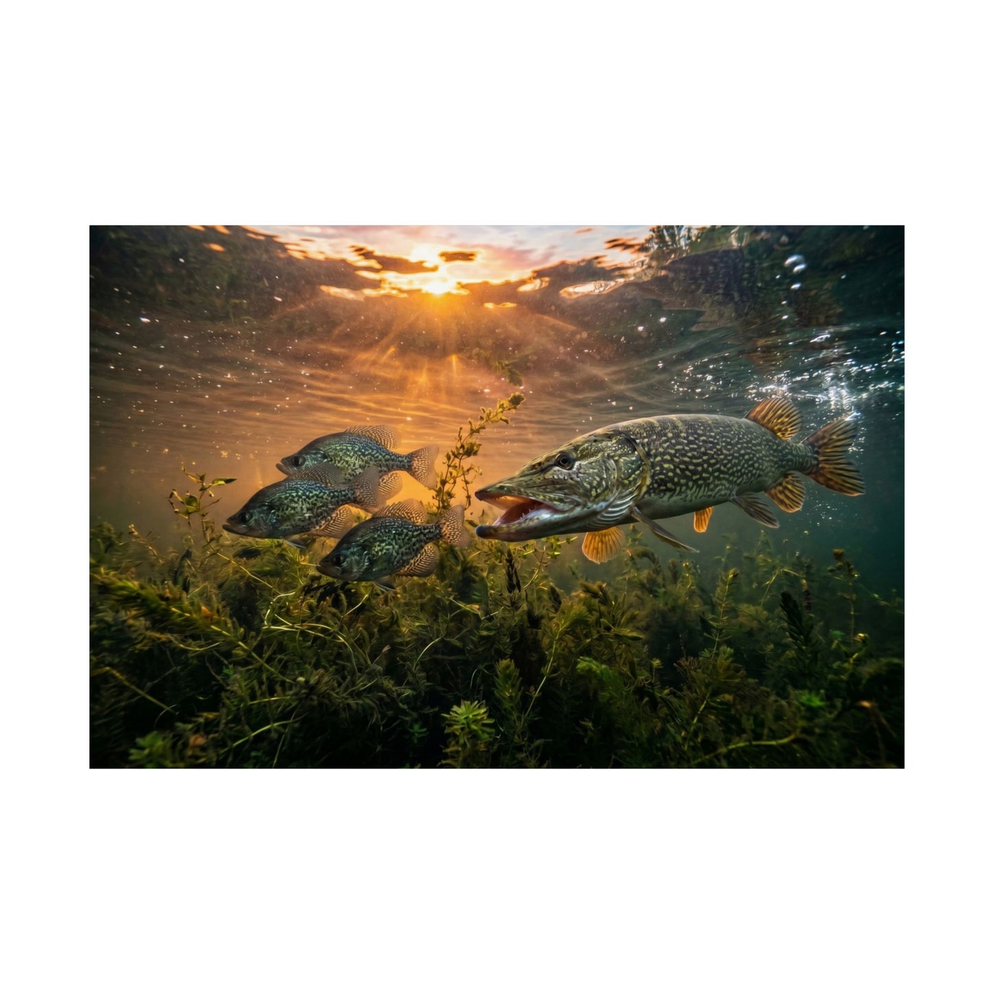 Underwater Pike & Sunlight Matte Poster — Fishing Wall Art (Horizontal)