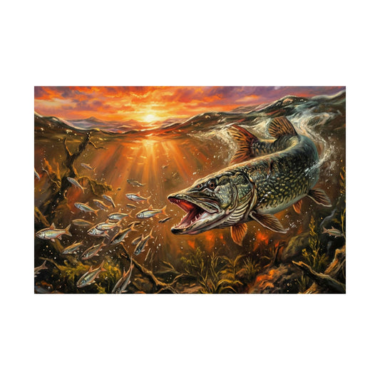 Fishing Pike Wall Poster — Dramatic Sunrise Underwater Wildlife Art (Matte Horizontal)