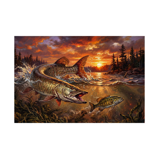 Sunset Muskie Fishing Poster – Matte Horizontal Wall Art for Anglers