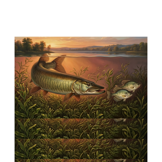Muskie Fishing Sunset matte poster — vintage wall art print of a muskellunge swimming through golden sunset light, ideal for cabin and lake house decor
